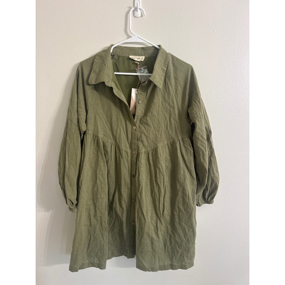 New In Olive Green Babydoll Tunic Dress Long Sleeve Button Down‎ Small NWT